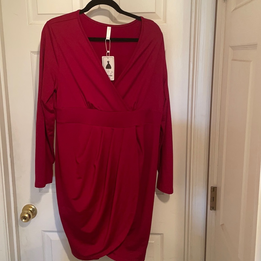 Women’s Plus size long sleeve, deep V neck front slit dress